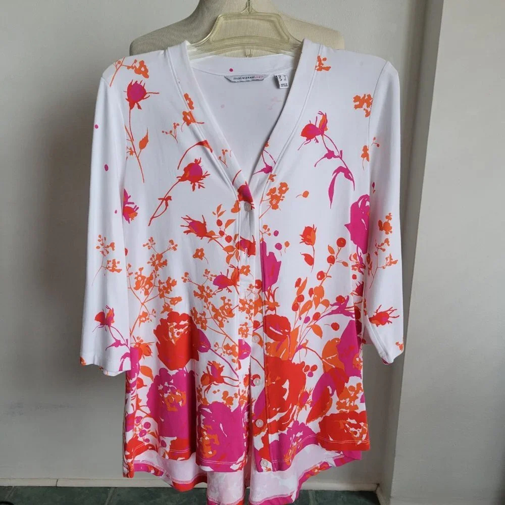 Isaac Mizrahi Live! Women's White Orange Floral Peplum Sweater (Size: Medium) - Picture 9 of 14